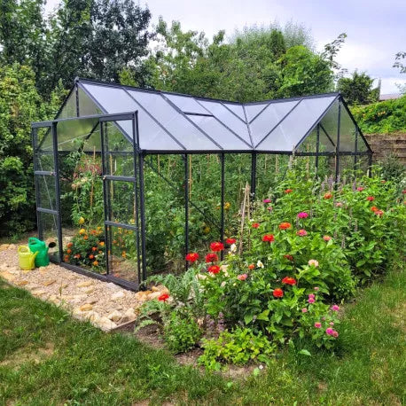 Invernadero de jardín Orangerie C 13,5m² antracita en cristal templado de 4mm + base Green Protect