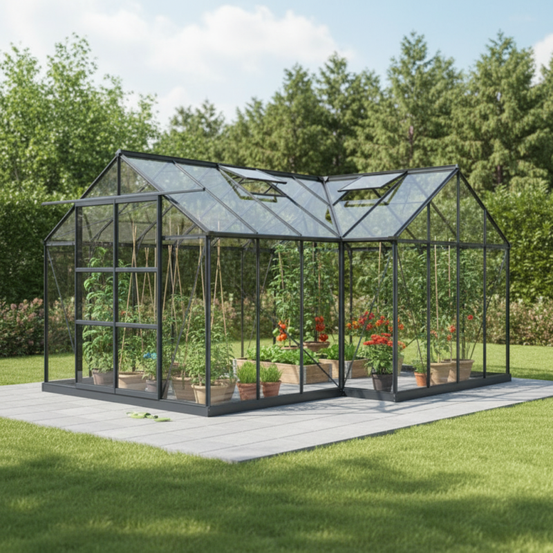 Invernadero de jardín Orangerie C 13,5m² antracita en cristal templado de 4mm + base Green Protect