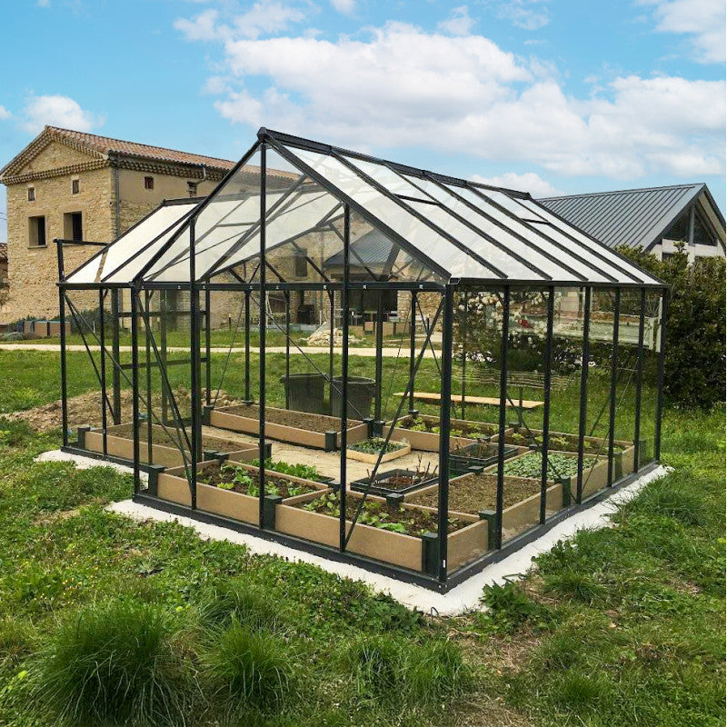 Invernadero de jardín Orangerie C 13,5m² antracita en cristal templado de 4mm + base Green Protect