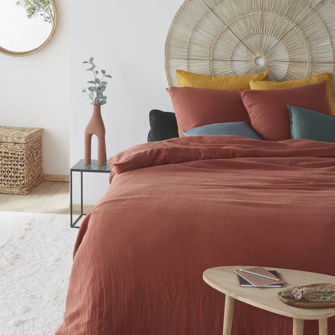 Juego de cama de lino lavado color terracota 240x260 cm