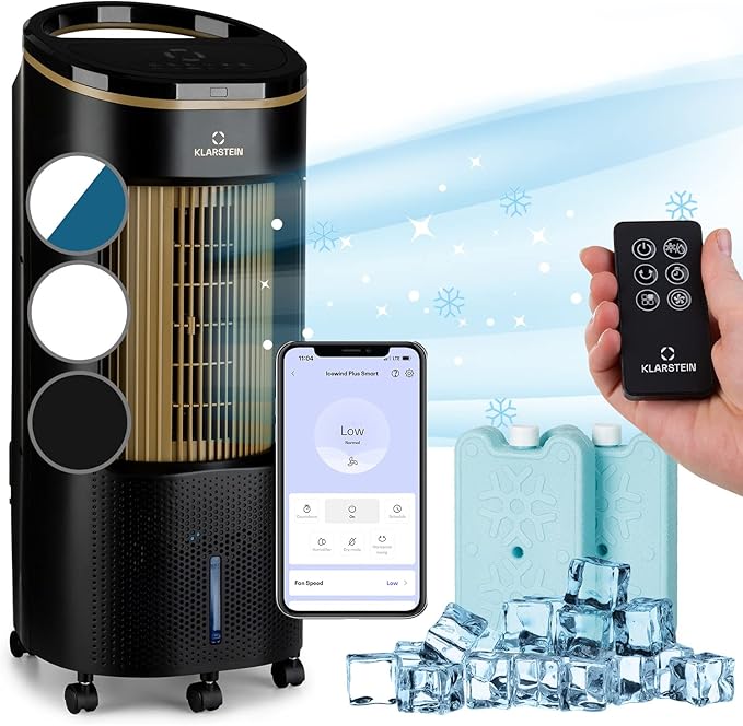 Klarstein IceWind Plus Climatizador Evaporativo – 4 en 1: Ventilador, Enfriador, Humidificador y Purificador, 330 m³/h, Control por App y Alexa, Silencioso, Depósito de 7L, Oro Metálico/Negro