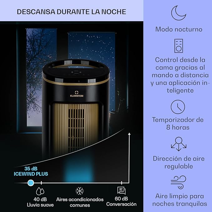 Klarstein IceWind Plus Climatizador Evaporativo – 4 en 1: Ventilador, Enfriador, Humidificador y Purificador, 330 m³/h, Control por App y Alexa, Silencioso, Depósito de 7L, Oro Metálico/Negro