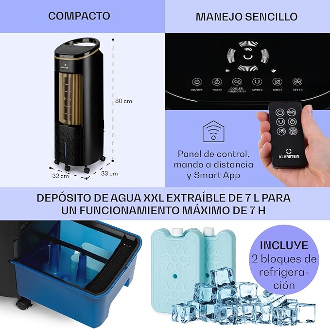 Klarstein IceWind Plus Climatizador Evaporativo – 4 en 1: Ventilador, Enfriador, Humidificador y Purificador, 330 m³/h, Control por App y Alexa, Silencioso, Depósito de 7L, Oro Metálico/Negro