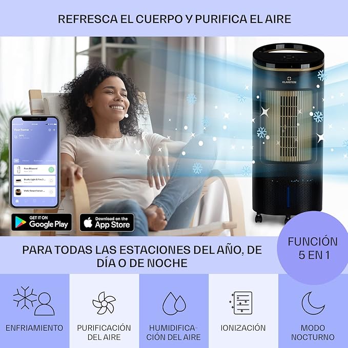 Klarstein IceWind Plus Climatizador Evaporativo – 4 en 1: Ventilador, Enfriador, Humidificador y Purificador, 330 m³/h, Control por App y Alexa, Silencioso, Depósito de 7L, Oro Metálico/Negro