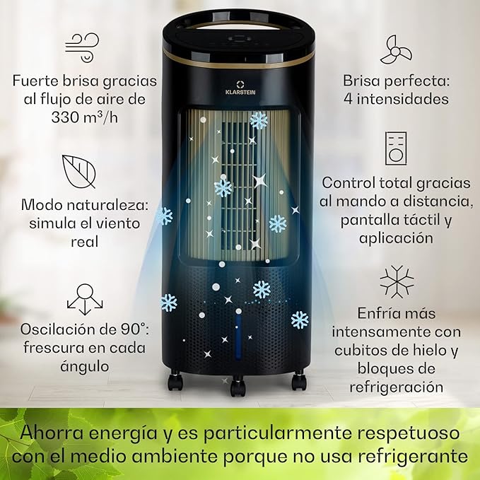 Klarstein IceWind Plus Climatizador Evaporativo – 4 en 1: Ventilador, Enfriador, Humidificador y Purificador, 330 m³/h, Control por App y Alexa, Silencioso, Depósito de 7L, Oro Metálico/Negro