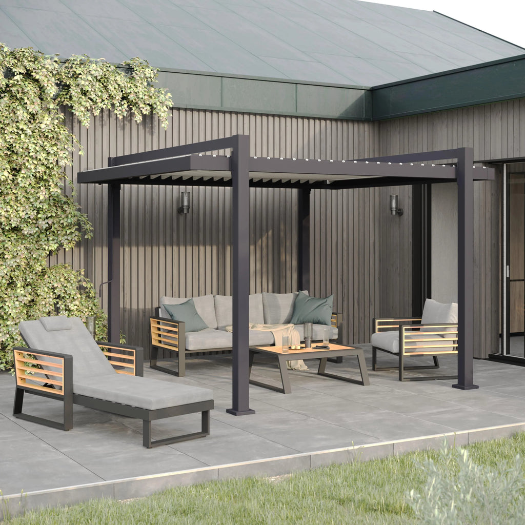 Pérgola bioclimática de aluminio NATERIAL Odyssea gris y lama gris claro de 320 x 358.5 x 247 cm manual