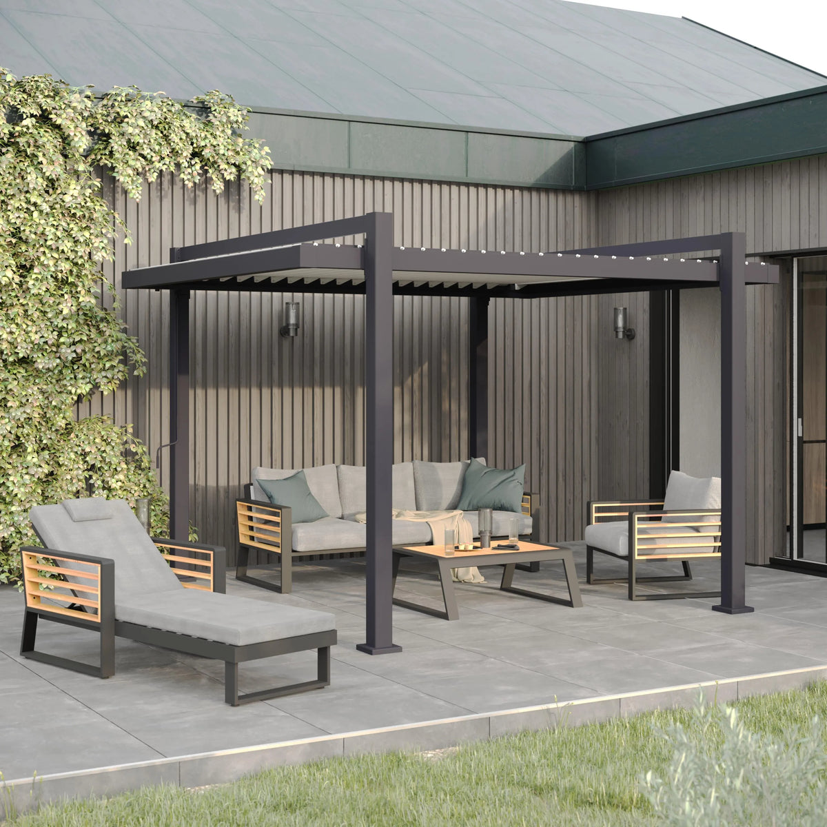 Pérgola bioclimática de aluminio NATERIAL Odyssea gris y lama gris claro de 320 x 358.5 x 247 cm manual