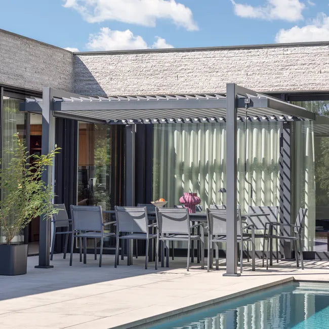 Pérgola bioclimática de aluminio NATERIAL Odyssea gris y lama gris claro de 320 x 358.5 x 247 cm manual
