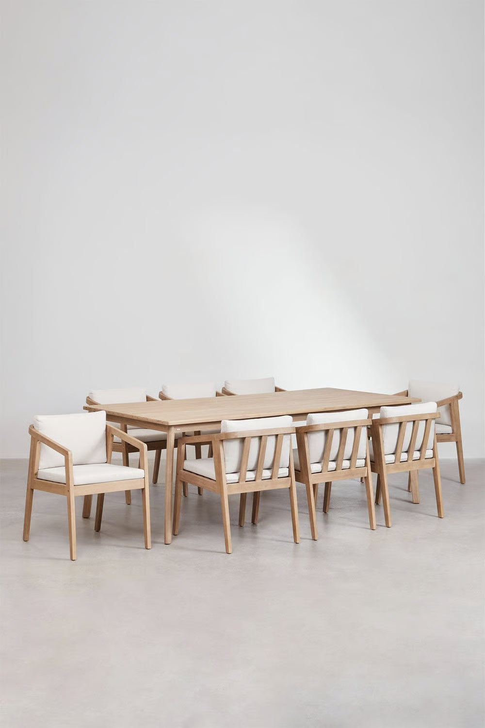 Set de mesa rectangular 220x100 cm y 8 sillas de jardín en madera de acacia Kaela