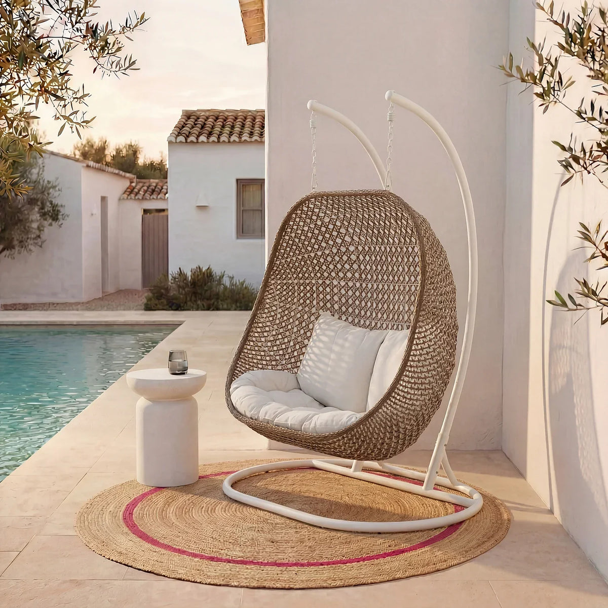 Sillón colgante de jardín 2 plazas de resina trenzada y metal blanco - Moka