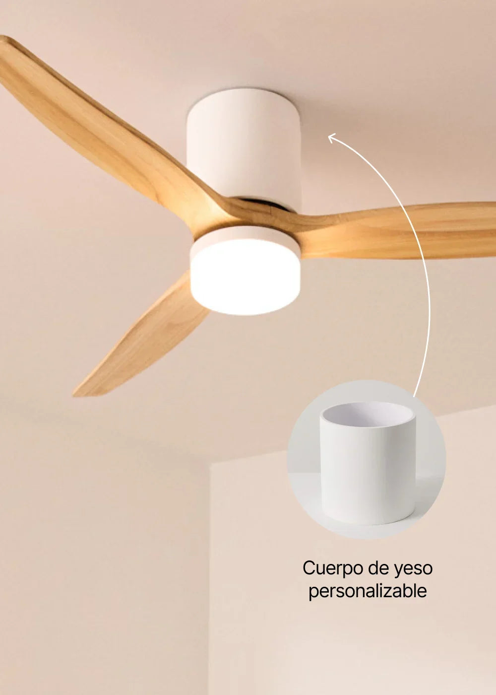 Ventilador de techo 40W silencioso Ø132cm 100% madera con carcasa de yeso personalizable